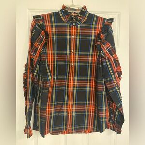 J Crew Stewart Tartan Plaid Ruffle Neck Shirt